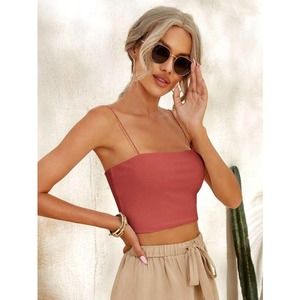 Rib-knit Solid Crop Cami Top (Medium)